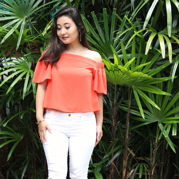Topshop Orange Bardot Off-the-Shoulder Top - Picture 5 of 5